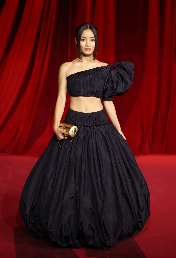 Anna Sawai in a stylish asymmetric black gown on a red carpet holds a gold clutch, with hair up and minimal jewelry