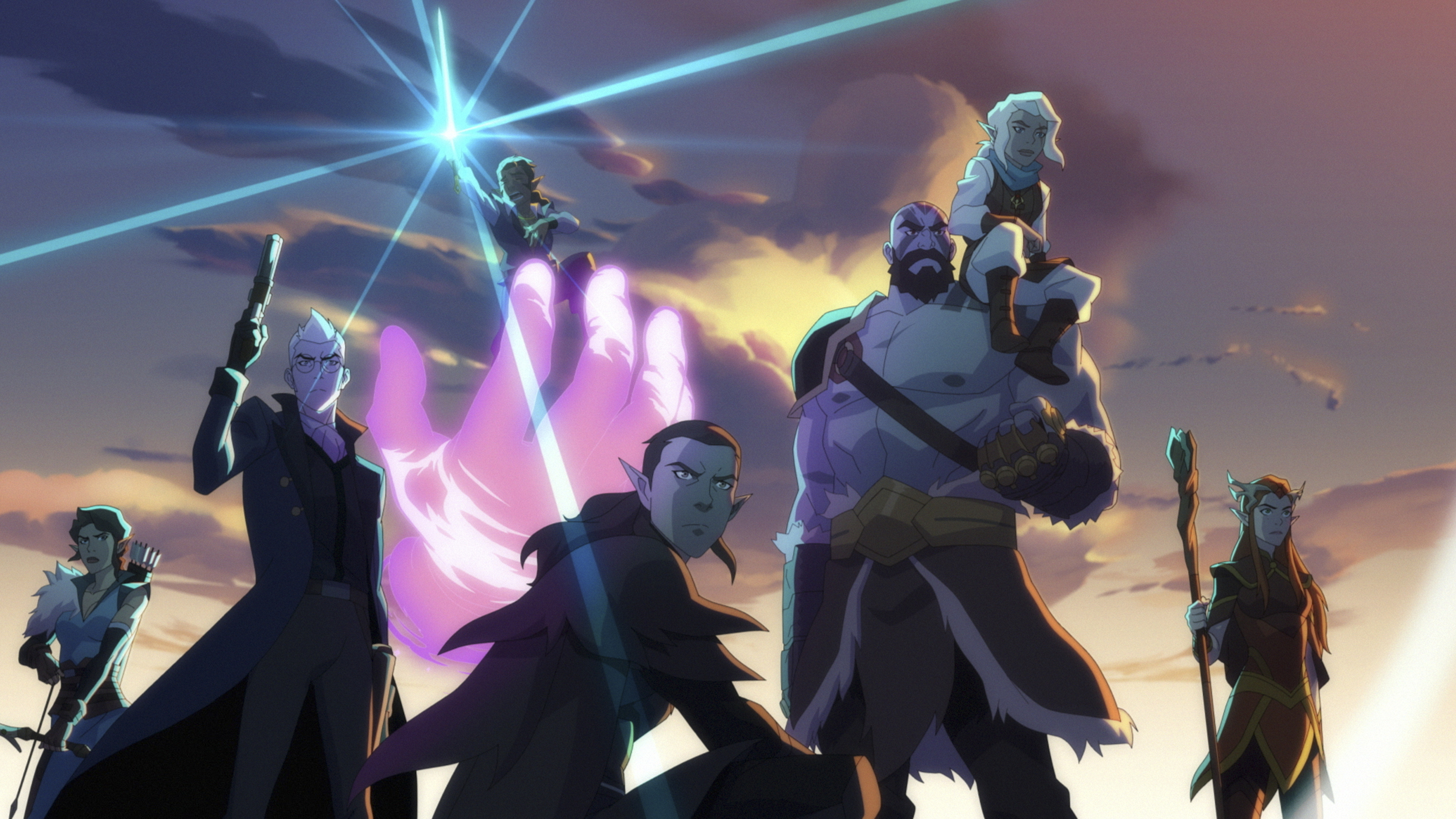 Animated characters from &quot;The Legend of Vox Machina&quot; striking dynamic poses against a dramatic sky