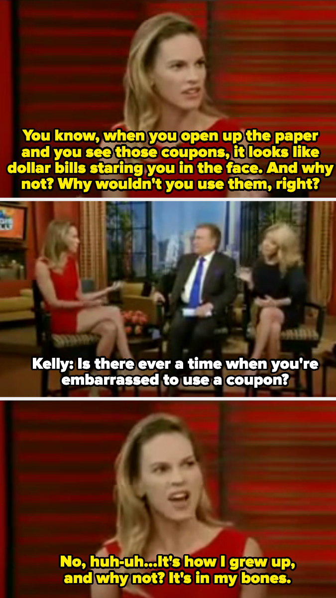 Hilary Swank discusses growing up using coupons on a TV talk show with hosts asking if she&#x27;s embarrassed to use them