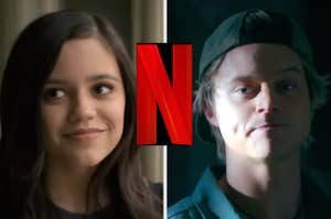 Two people appearing next to a Netflix logo. On the left, a woman with long hair smiles; on the right, a young man in a cap smirks slightly