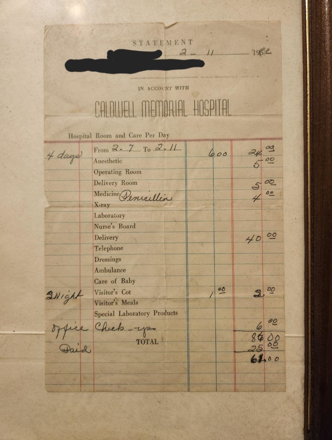 Vintage hospital bill from Caldwell Memorial Hospital detailing expenses for room, care, and medical services, totaling $82.00