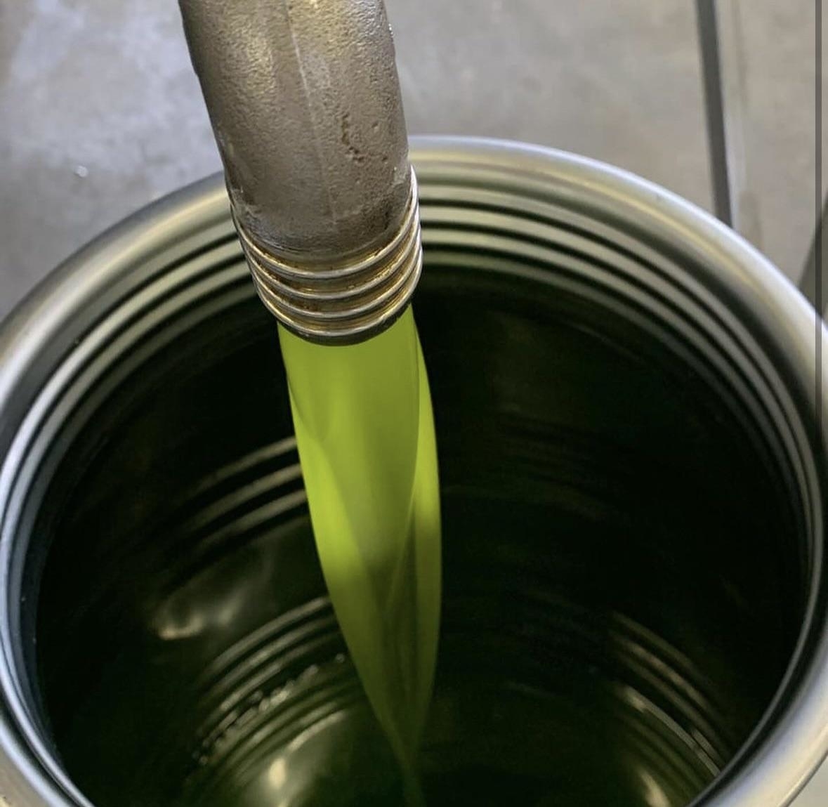 Close-up of a metal container being filled with olive oil from a hose