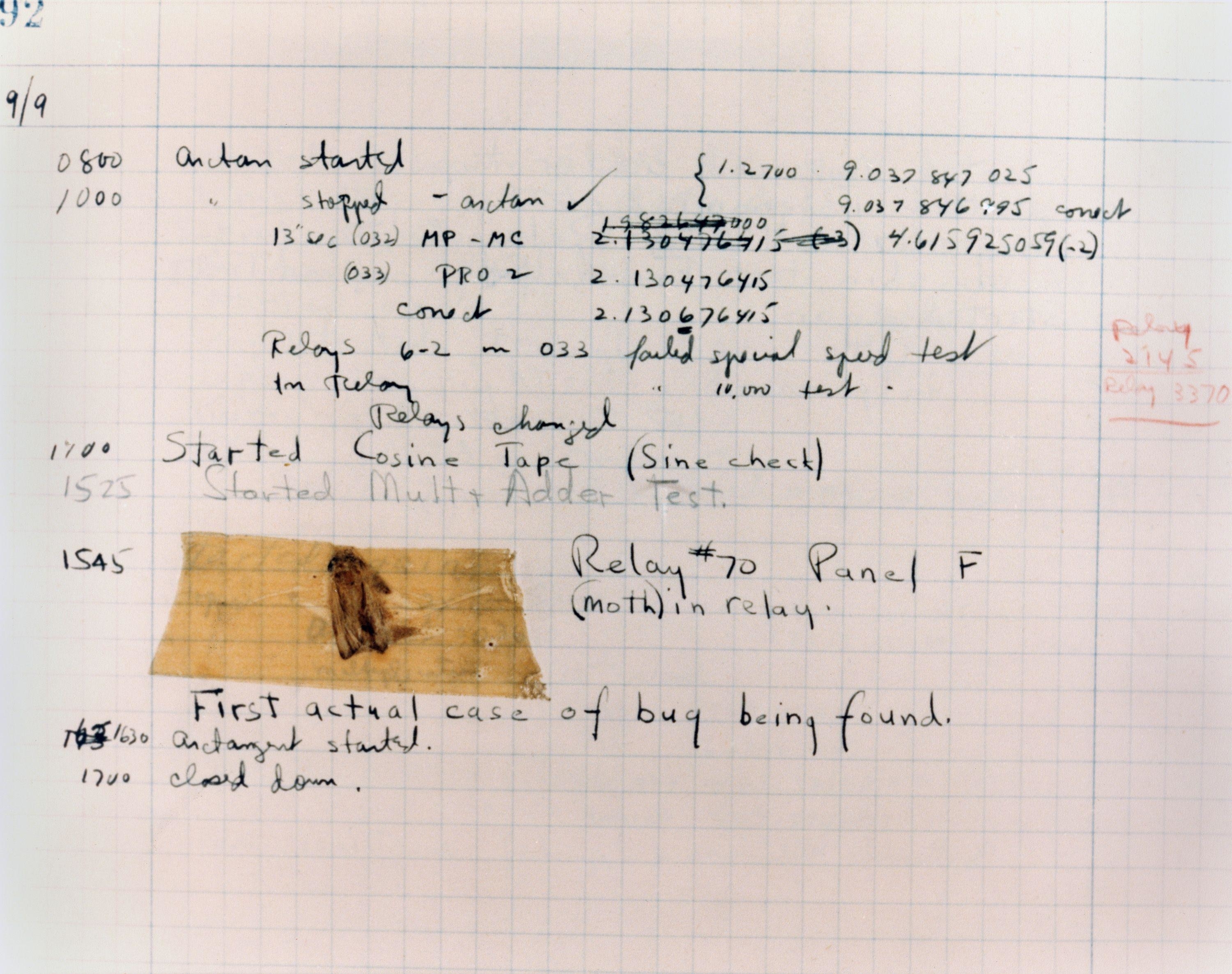 Notebook page with handwritten notes detailing a computer bug discovery. A moth is taped to the page, labeled as the &quot;first actual case of bug being found.&quot;