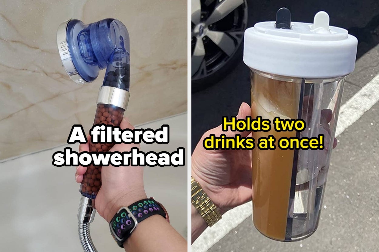 A filtered showerhead next to a dual-chamber drink tumbler, ideal for holding two beverages simultaneously