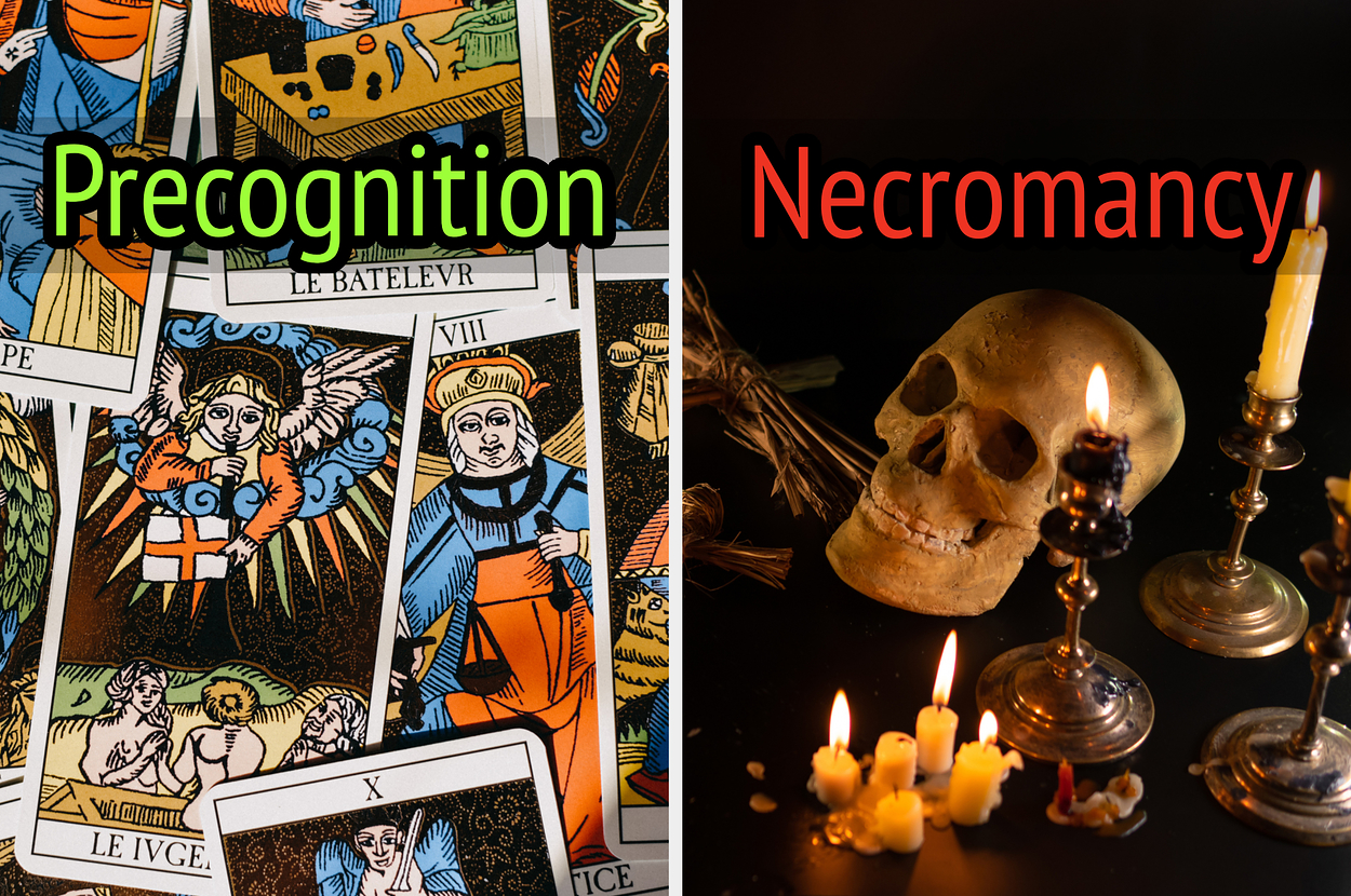 Tarot cards labeled "Precognition" and candles with a skull labeled "Necromancy."