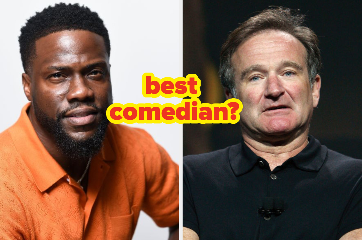 Two people side by side: unknown person wearing orange shirt on left; unknown person in black shirt on right. Text reads "best comedian?"