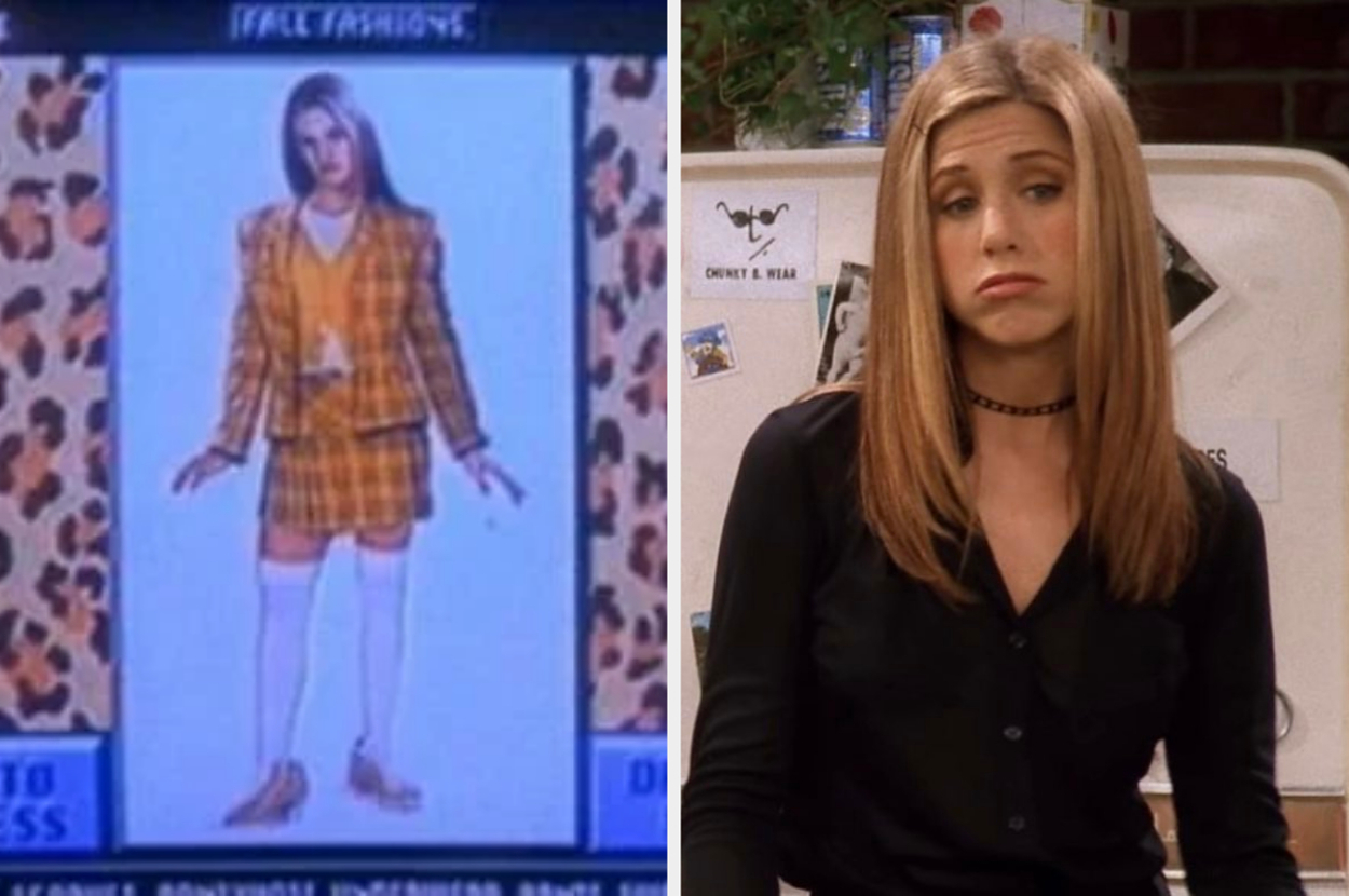 The image shows a retro computer screen on the left, displaying a digital outfit of Rachel Green wearing a plaid suit, and Rachel Green in a black top on the right