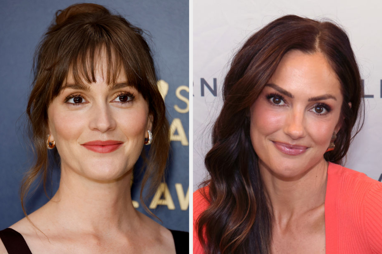 Leighton with bangs and her hair in a bun, and Minka with long, wavy hair worn down