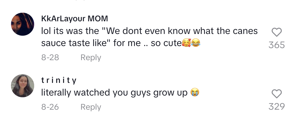 Comments discussing watching someone grow up and finding something cute, with emojis