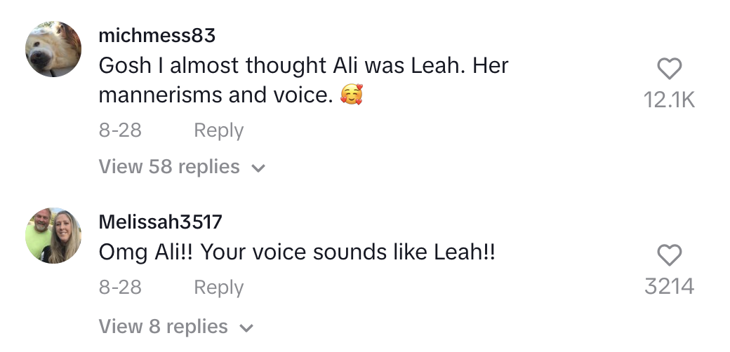 Social media comments comparing Ali&#x27;s voice and mannerisms to Leah&#x27;s