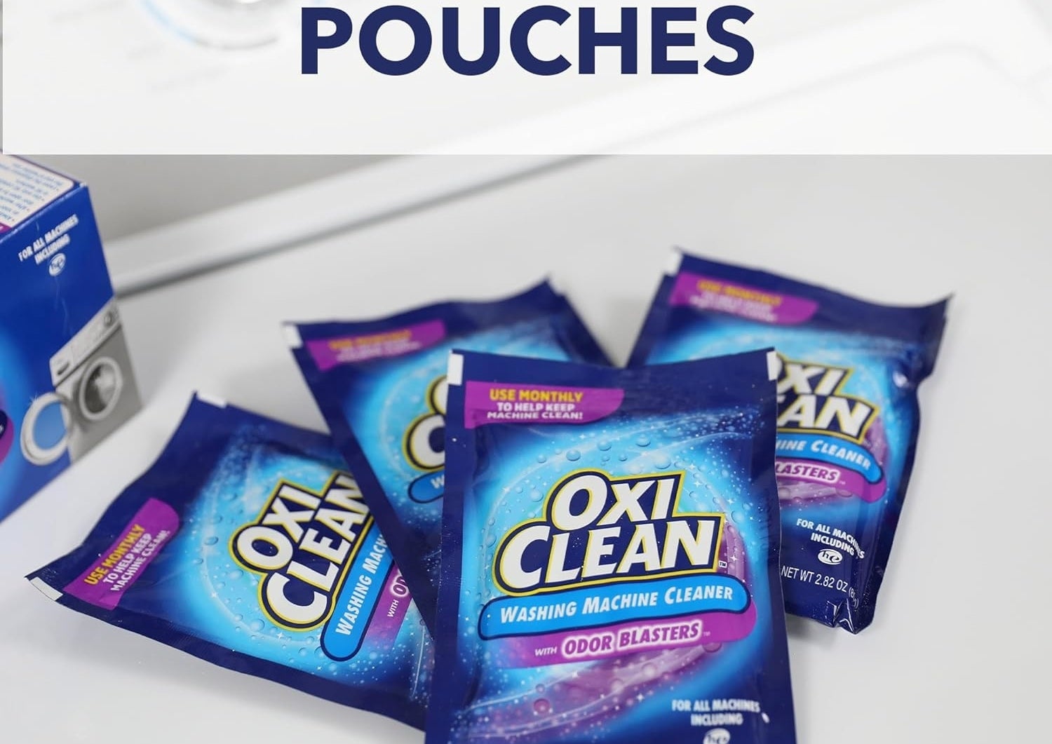 OxiClean Washing Machine Cleaner packages on a surface with "Easy-Tear Pouches" text above