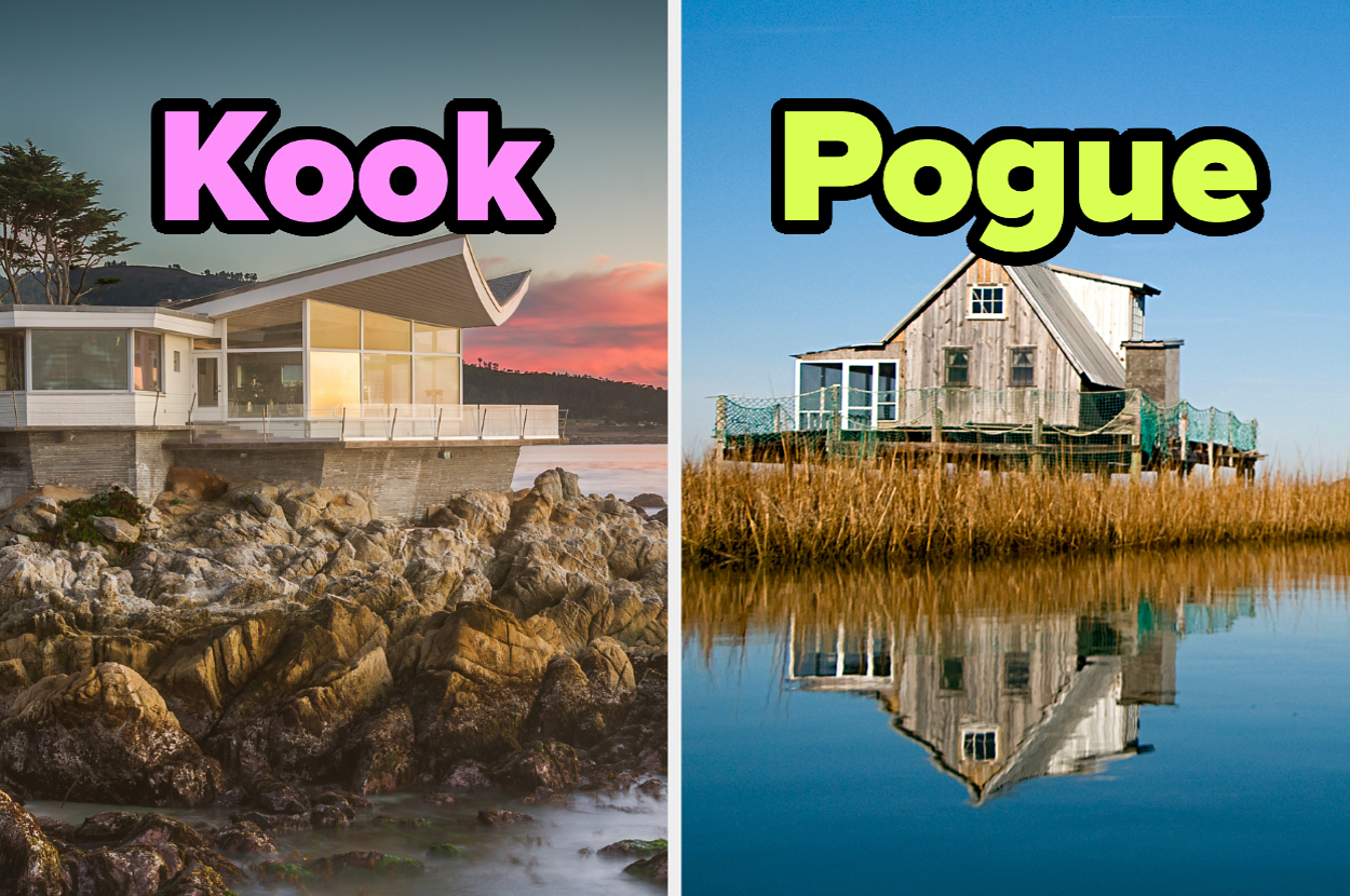 Split image: Modern house labeled "Kook" on left, rustic house labeled "Pogue" on right