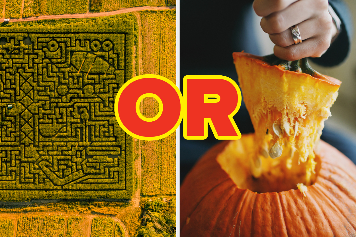 Corn maze aerial view versus hand carving a pumpkin. Text: "OR" in the center