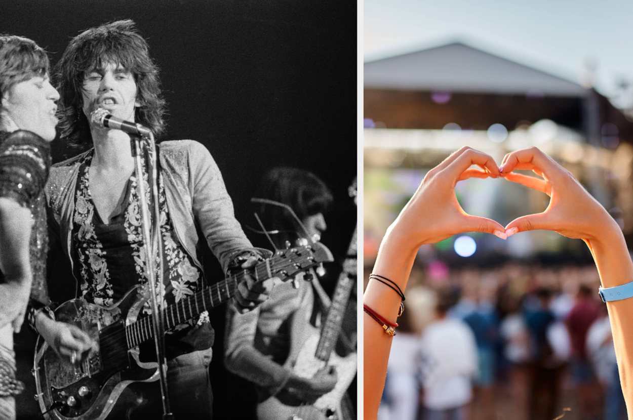 Musician with guitar on stage; crowd at a concert with hands forming a heart shape