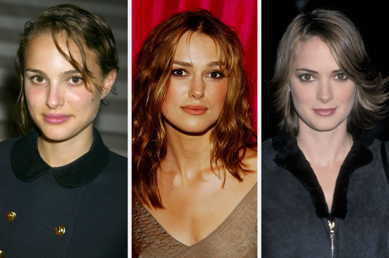 Natalie wiht her hair pulled back wearng a dark coat, Keira with shoulder-length wavy hair wearing a V-neck dress, and Winona with a bob haircut wearing a dark coat