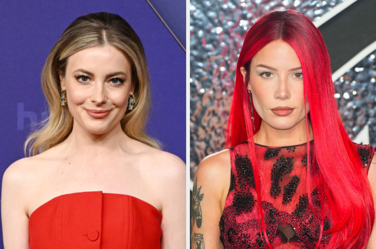 Left: Gillian with long hair in a strapless dress. Right: Halsey with long hair in a patterned dress