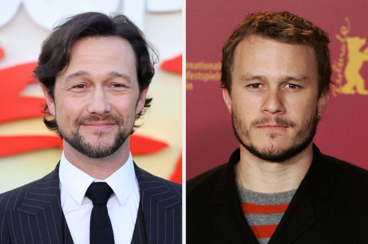 Two images side by side: Joseph Gordon-Levitt in a suit and tie; Heath Ledger in a casual jacket with a striped shirt