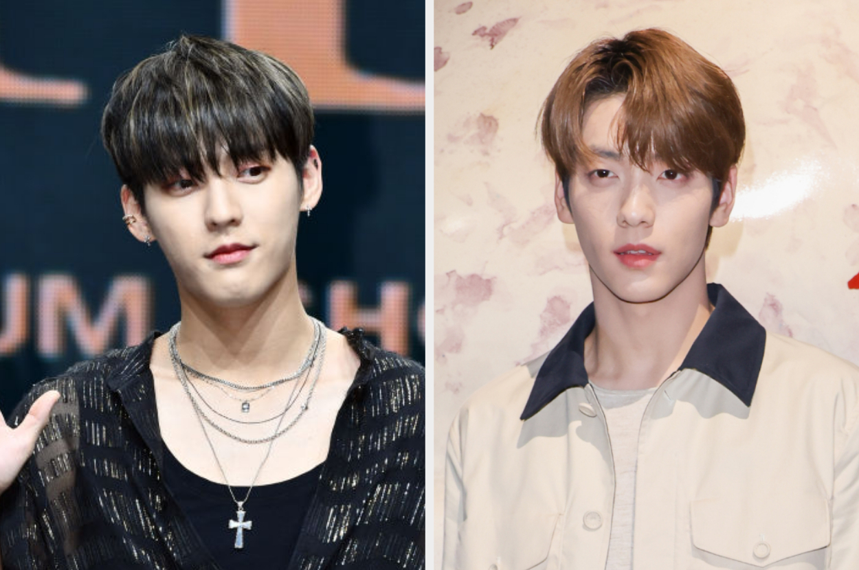 Minhyuk wearing layered necklaces and a sheer textured top; Soobin wearing a light jacket over a t-shirt