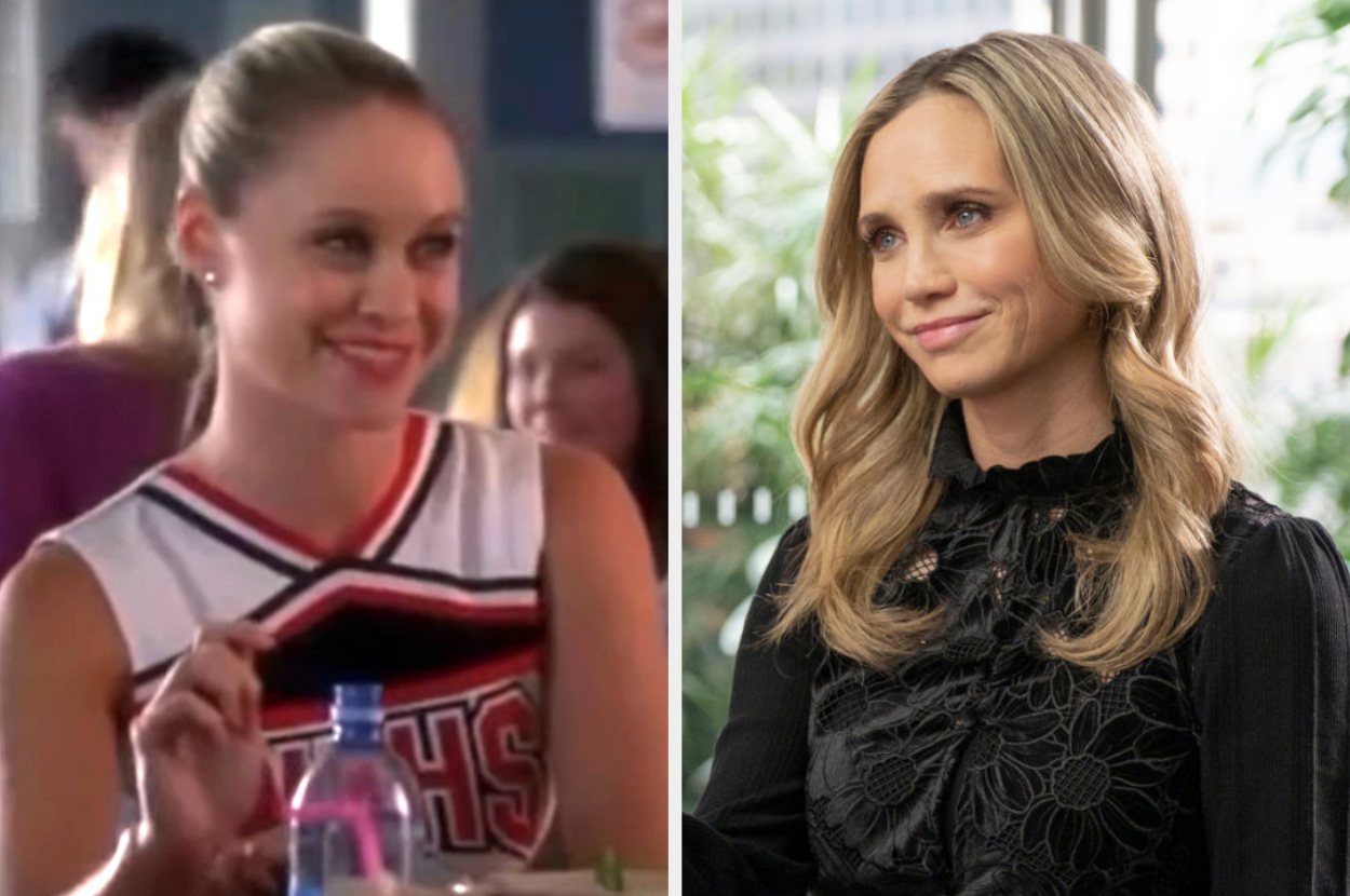 Two women. Left: young woman in a cheerleader outfit. Right: same person older, with long hair, wearing a black dress with floral details