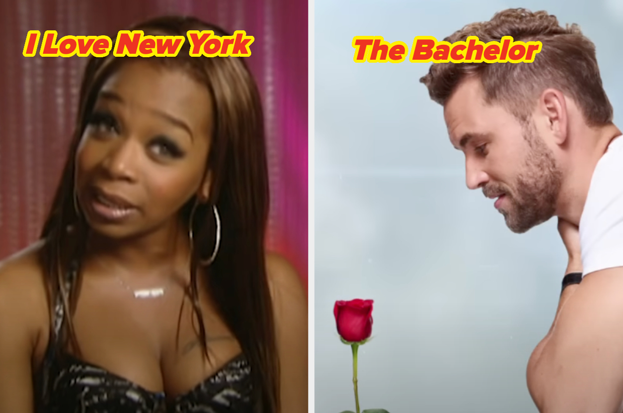 Two TV show promos: woman from "I Love New York" and man from "The Bachelor" looking away, rose between them