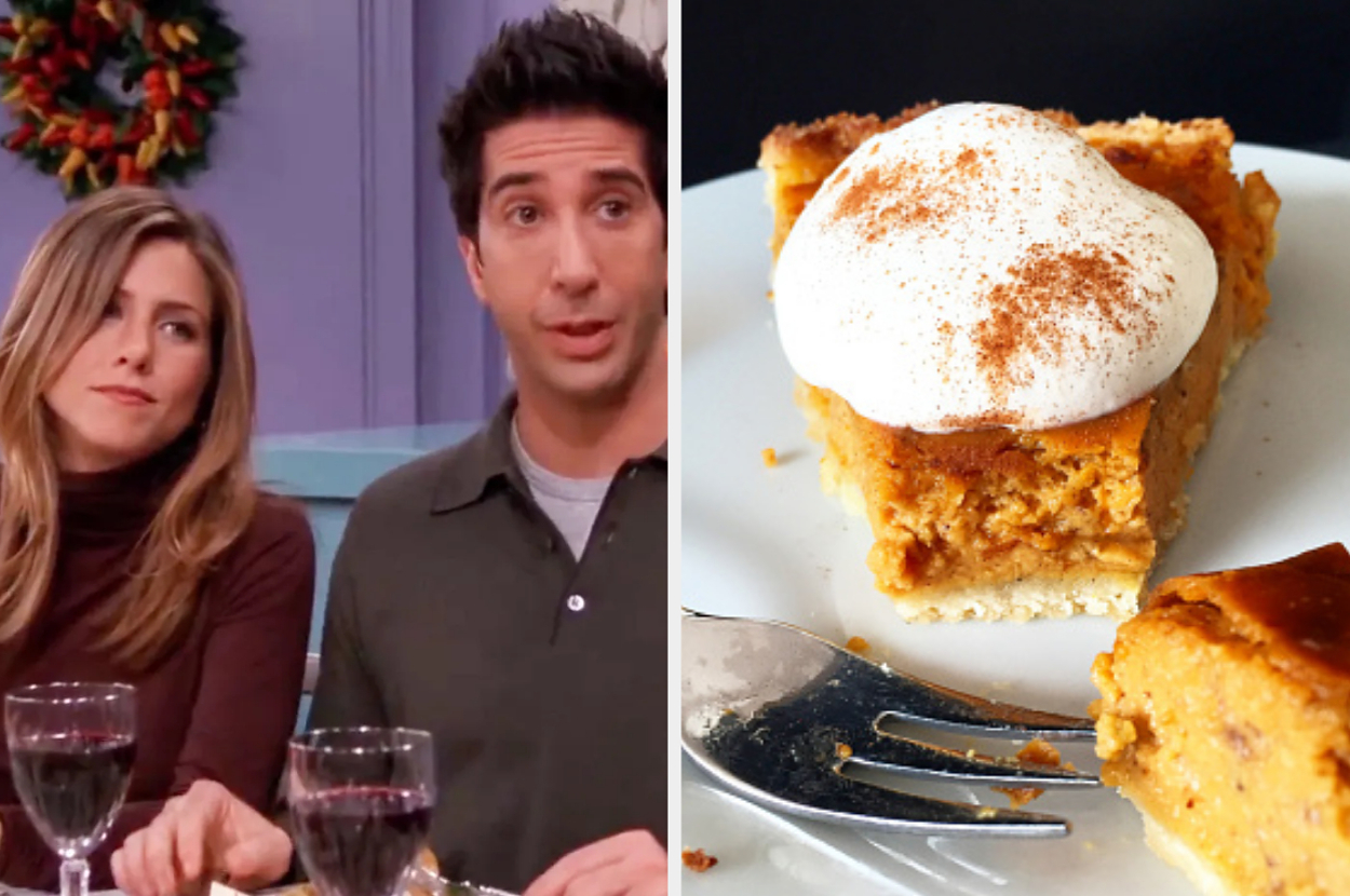 Jennifer Aniston and David Schwimmer are seated with wine; a piece of pumpkin pie topped with whipped cream is on a plate beside them