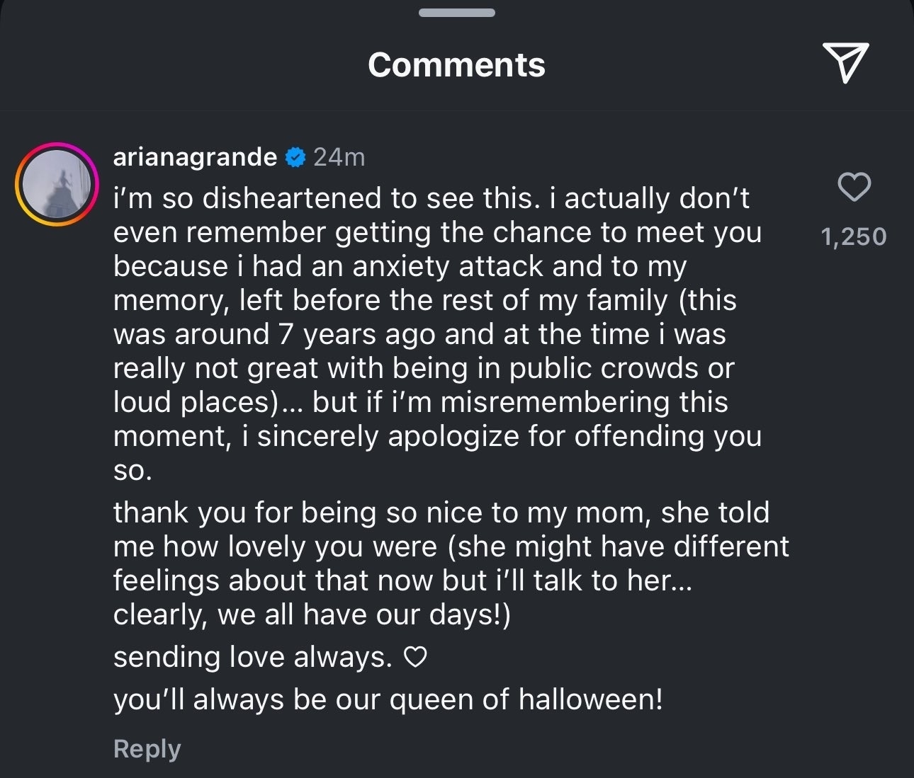 Instagram comment by Ariana Grande expressing disheartenment about a past meeting, apologizing for any offense, and thanking for kindness shown to her mom