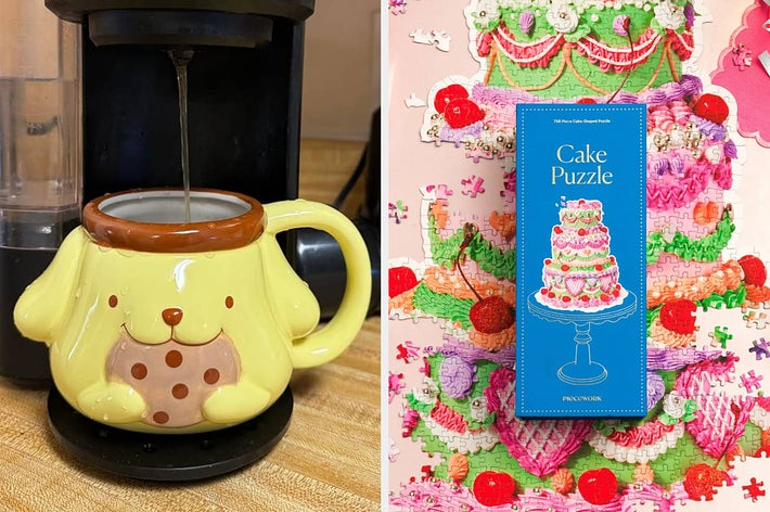 Cute dog-themed mug with coffee maker; cake puzzle box on a colorful puzzle background