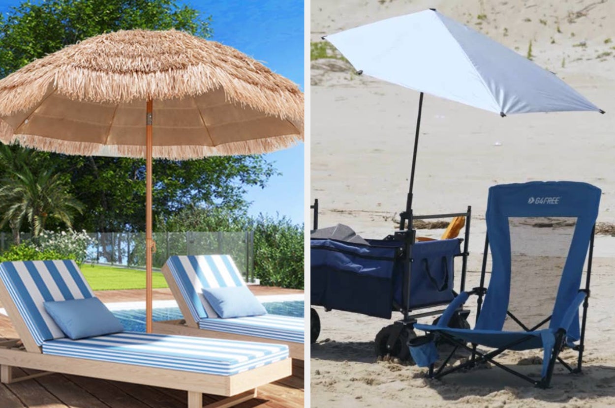 Two beach setups: one with striped loungers and a thatched umbrella, the other with a chair, wagon, and a blue umbrella on the sand