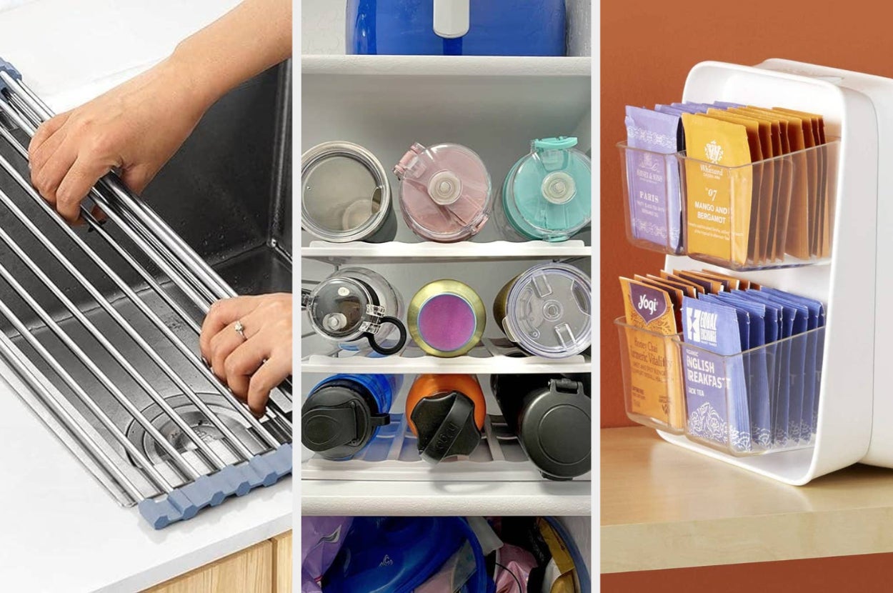 Kitchen organization items: a roll-up dish drying rack, a lid organizer with various lids, and a tea bag holder with assorted tea packets