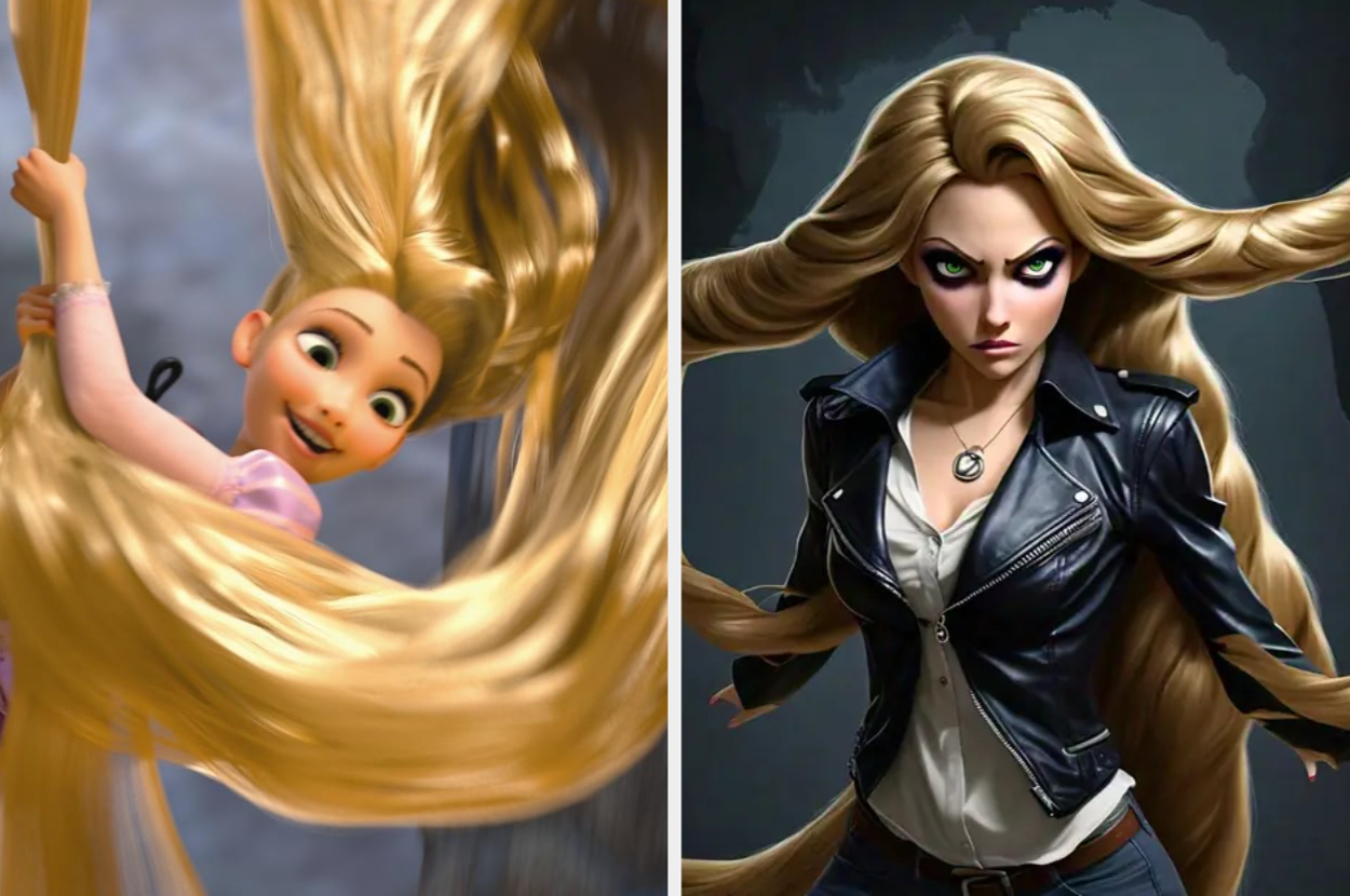 Rapunzel swinging with long hair; Rapunzel with intense expression in leather jacket, hair flowing