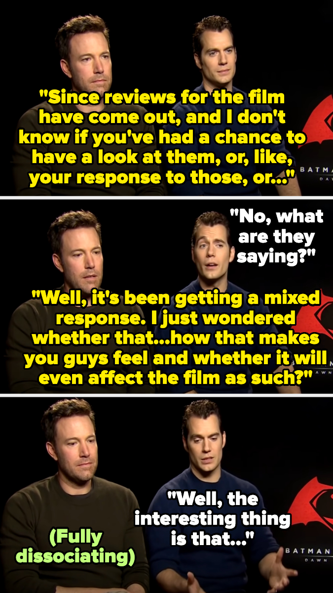 Ben Affleck and Henry Cavill in an interview discussing mixed film reviews, with humorous commentary overlayed