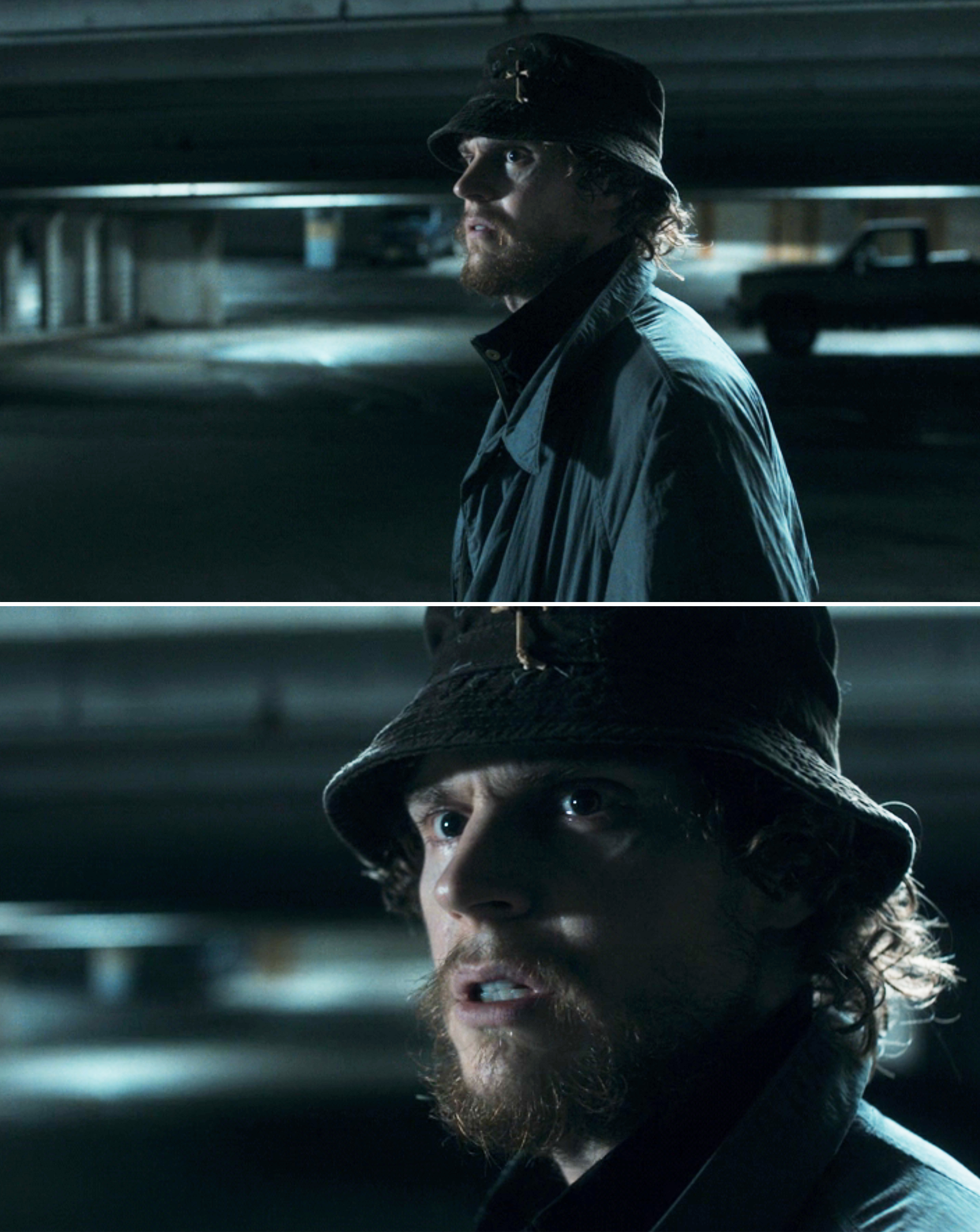 Evan Peters as Ralph in a scene from &quot;Agatha All Along&quot; where he looks concerned in a dimly lit parking garage