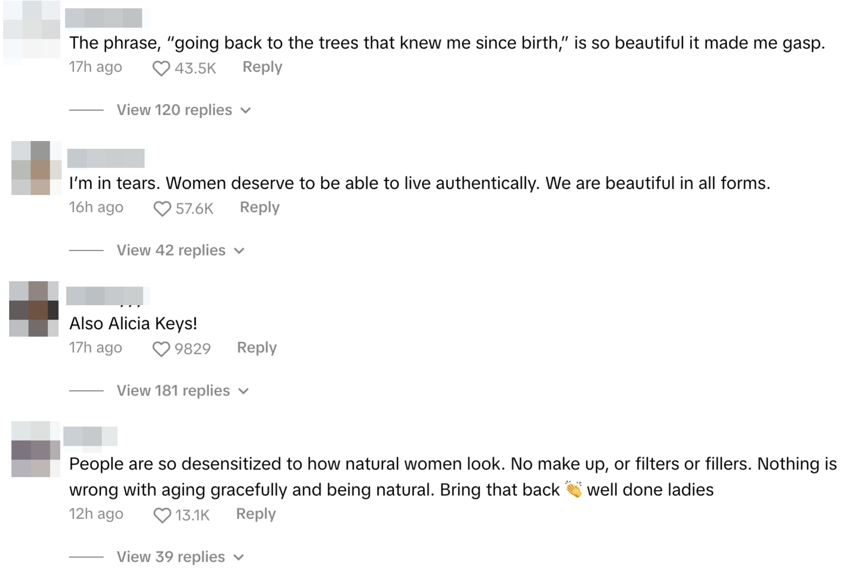 Comments discussing natural beauty, authenticity, and admiration