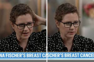 Woman with short hair and glasses speaking and listening during a televised interview. Headline reads "Breast Cancer’s Breast Cancer."