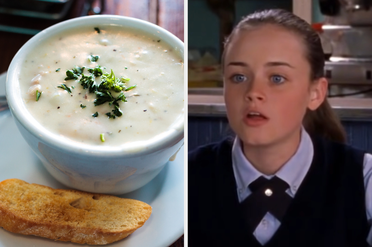 A bowl of soup with herbs and bread next to a scene from a TV show featuring a person speaking, wearing a dark vest over a collared shirt