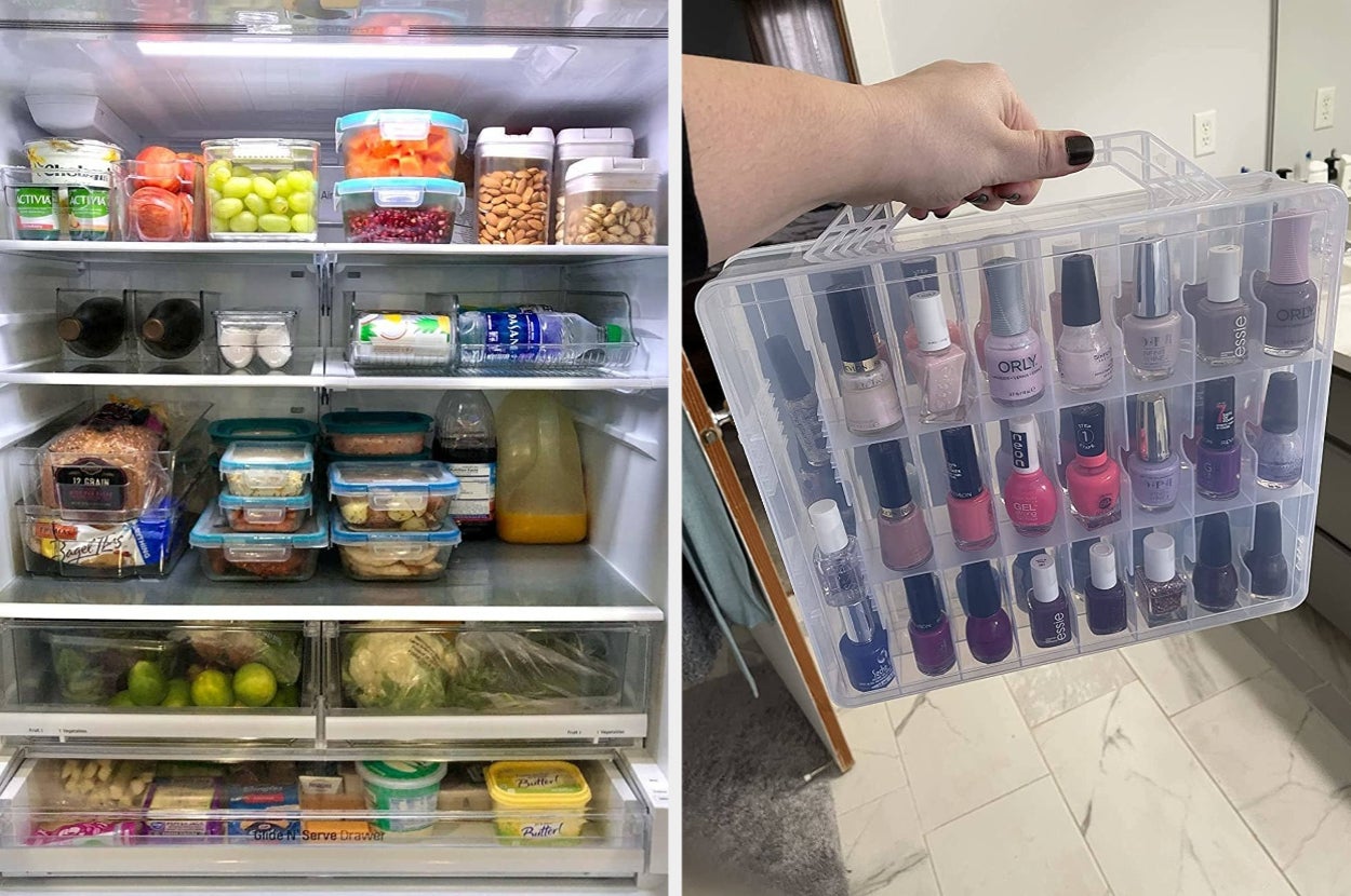 Left: Organized fridge with containers of fruits, vegetables, and drinks. Right: Hand holding a storage box filled with nail polish bottles