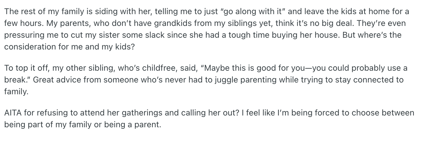 Text message about feeling unsupported by family regarding childcare and being pressured to host siblings. Seeks advice on confronting sibling