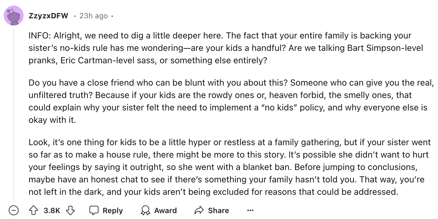 Reddit comment suggesting discovering reasons behind kids&#x27; behavior at family events, offering a nuanced view without judging