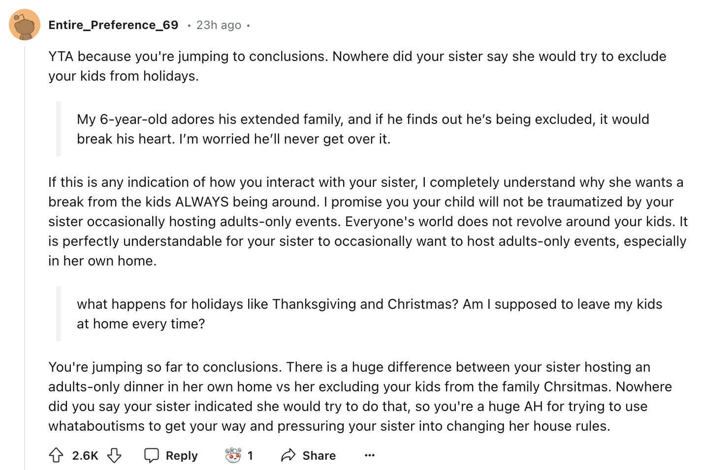 Reddit post discussing a disagreement about excluding kids from family events, focusing on a sister&#x27;s decision and its impact on holiday interactions