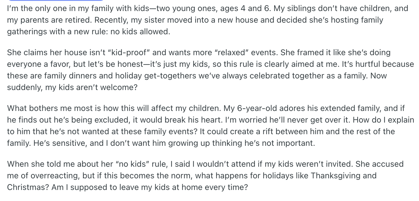 A person is concerned about a family rule of no kids allowed at holiday gatherings, worrying about its impact on their children