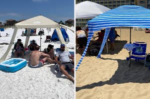Two beach tents: one tan with a small pool on the sand, people relaxing; the other striped blue with a beach chair underneath