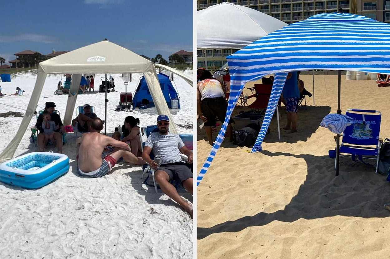 Two beach tents: one tan with a small pool on the sand, people relaxing; the other striped blue with a beach chair underneath