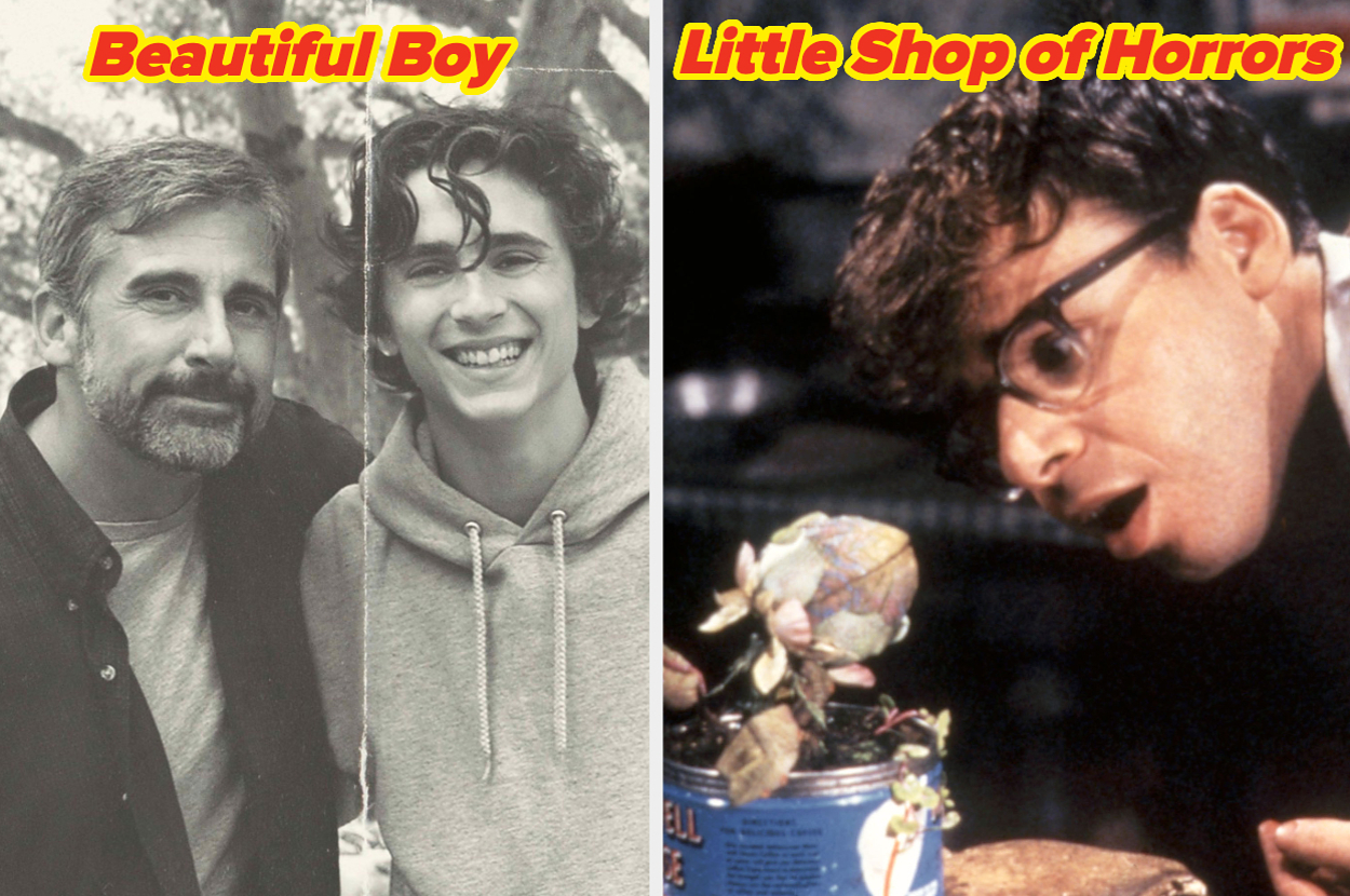 Steve Carell and Timothée Chalamet smiling; Rick Moranis amazed by a plant from "Little Shop of Horrors."