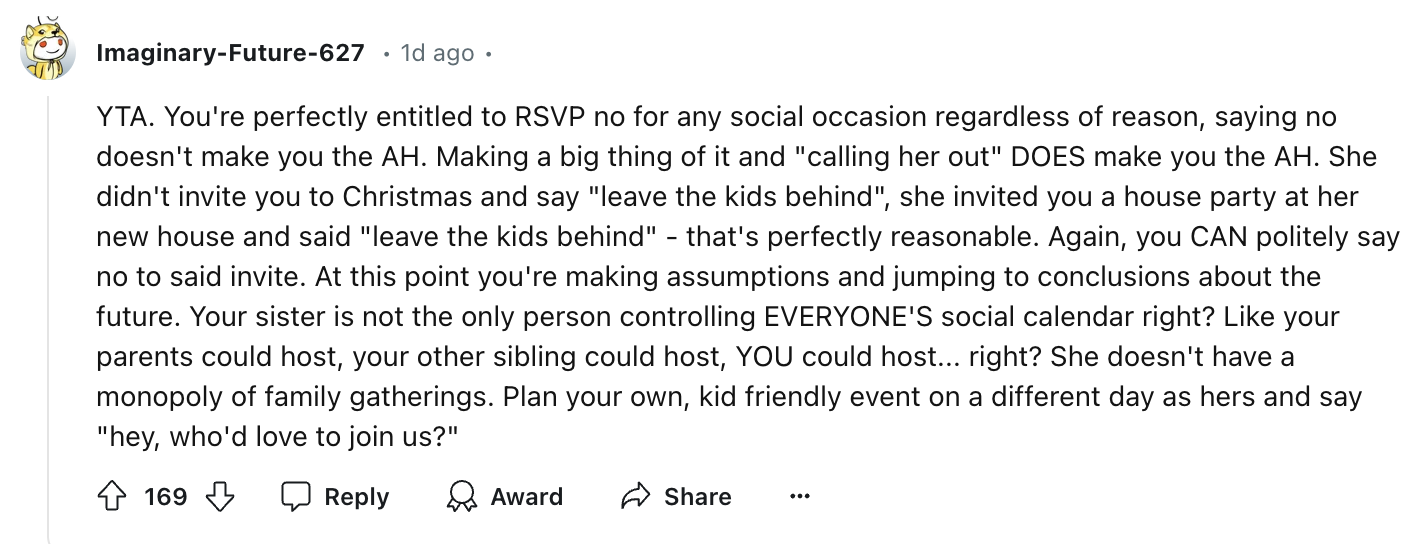 Reddit comment reads: &quot;YTA. You&#x27;re entitled to RSVP no for any social occasion...&quot; followed by a suggestion to host or involve family in gatherings