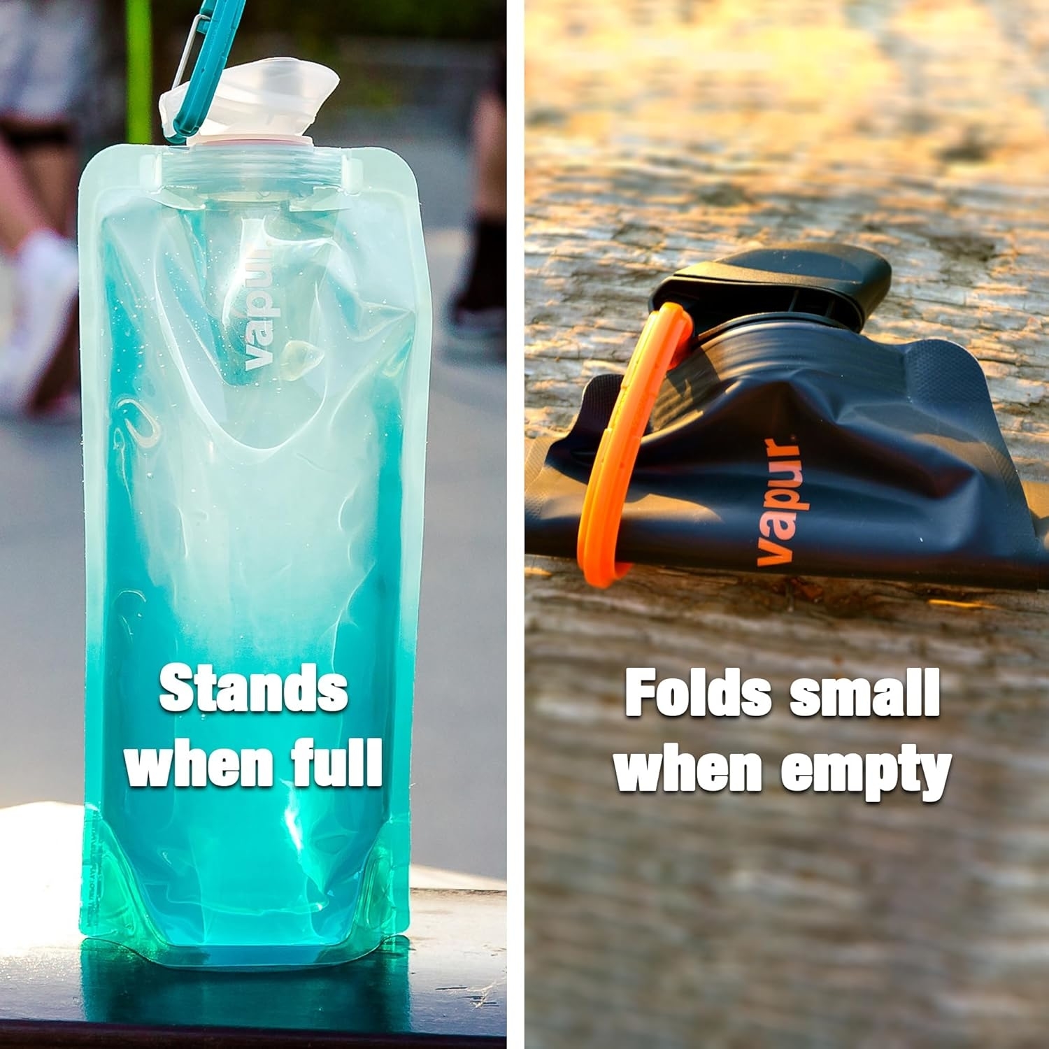 Two images of collapsible water bottles by Vapur. Left: full bottle standing. Right: empty bottle folded small. Text emphasizes versatility