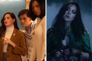Three people are on the left, two in sweaters and one in a blazer; a person with dark hair and a green outfit is on the right