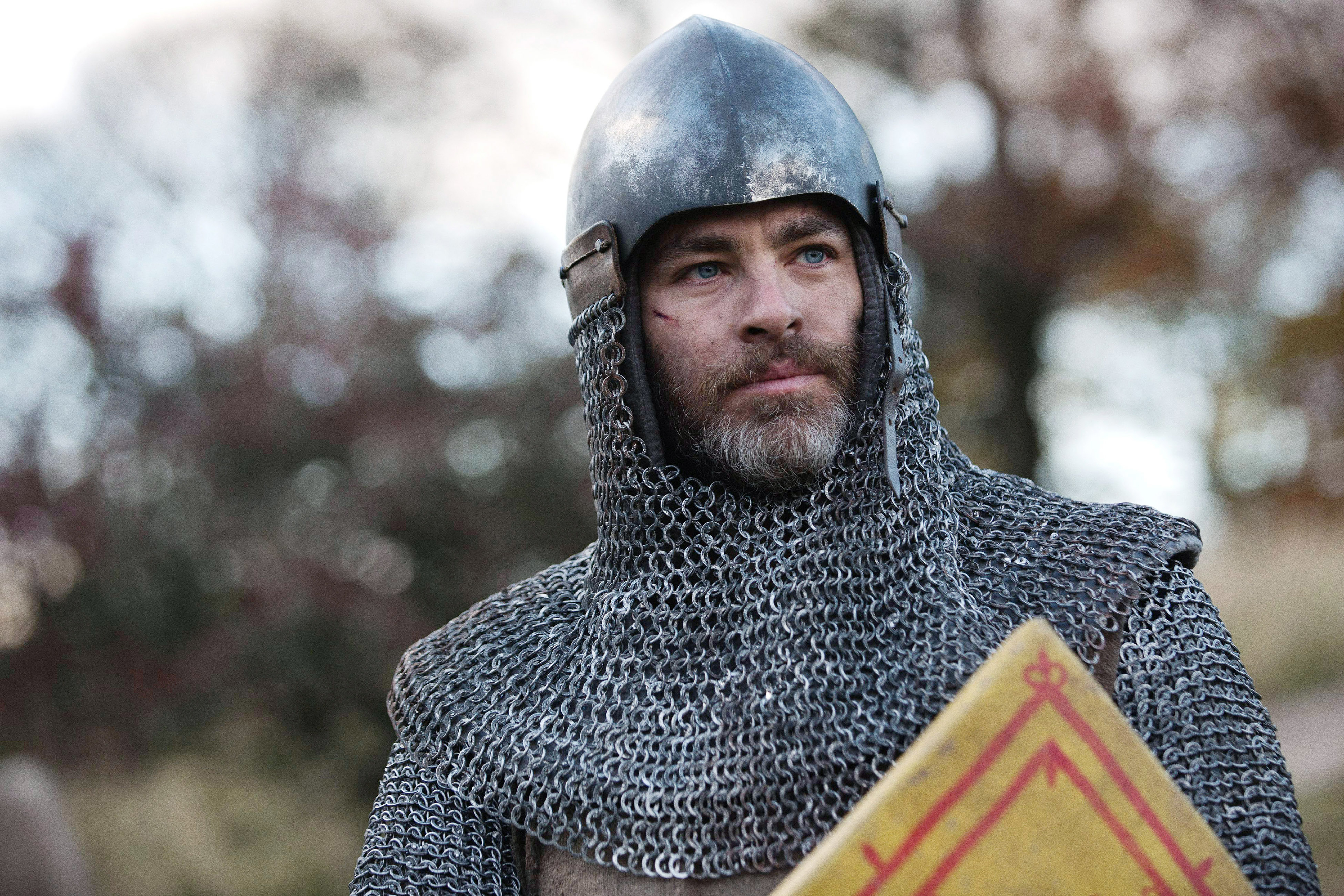 A person in medieval knight armor, holding a shield, gazes into the distance