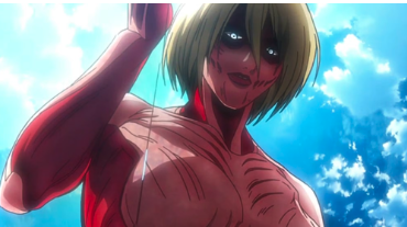 Female Titan from Attack on Titan stands tall against a blue sky, showcasing her muscular form