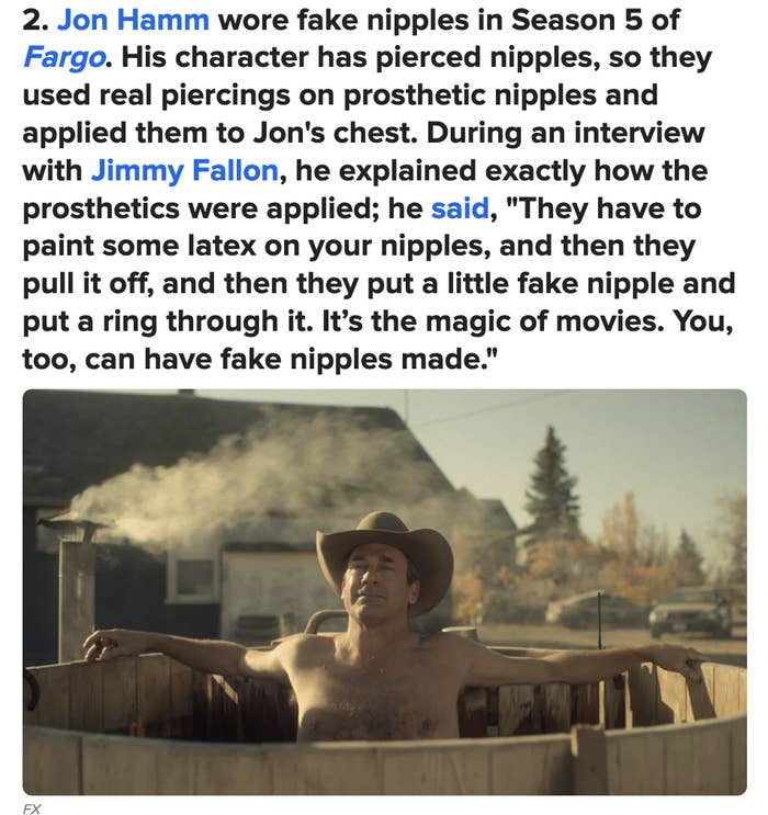 Jon Hamm in a wooden hot tub, cowboy hat on, explains fake nipple props used in Fargo season 5 interview with Jimmy Fallon