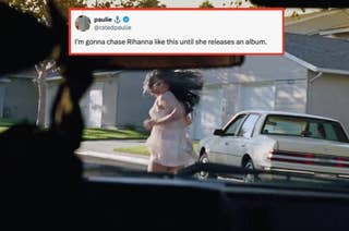 A person runs in a neighborhood seen from a car window. A tweet reads: 